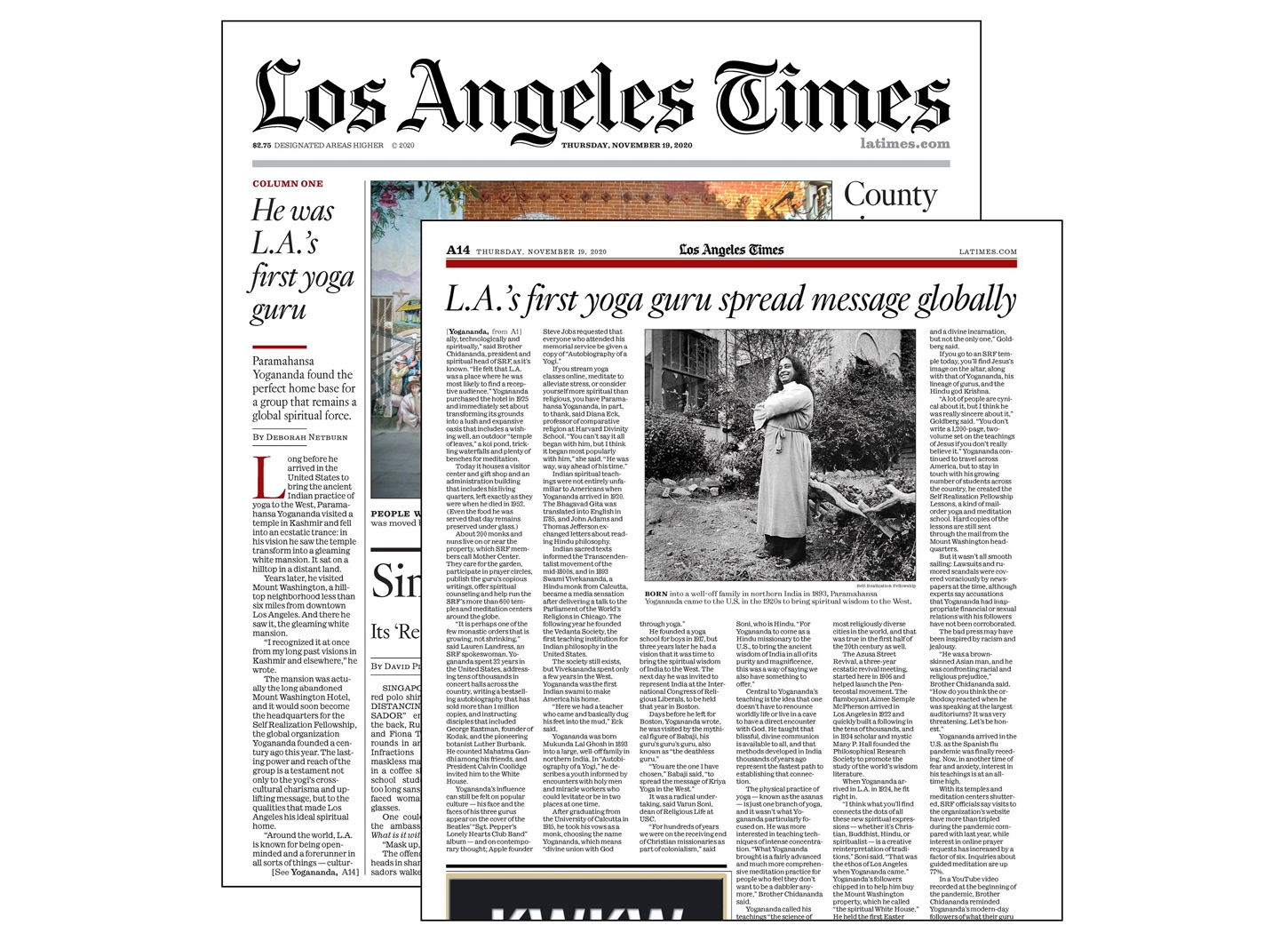 B LA Times Features Article on Paramahansa Yogananda and the SRF Centennial