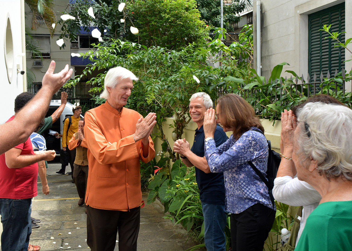 Brother Chidananda is warmly greeted upon his arrival by devotees serving at the Rio de Janeiro Center.