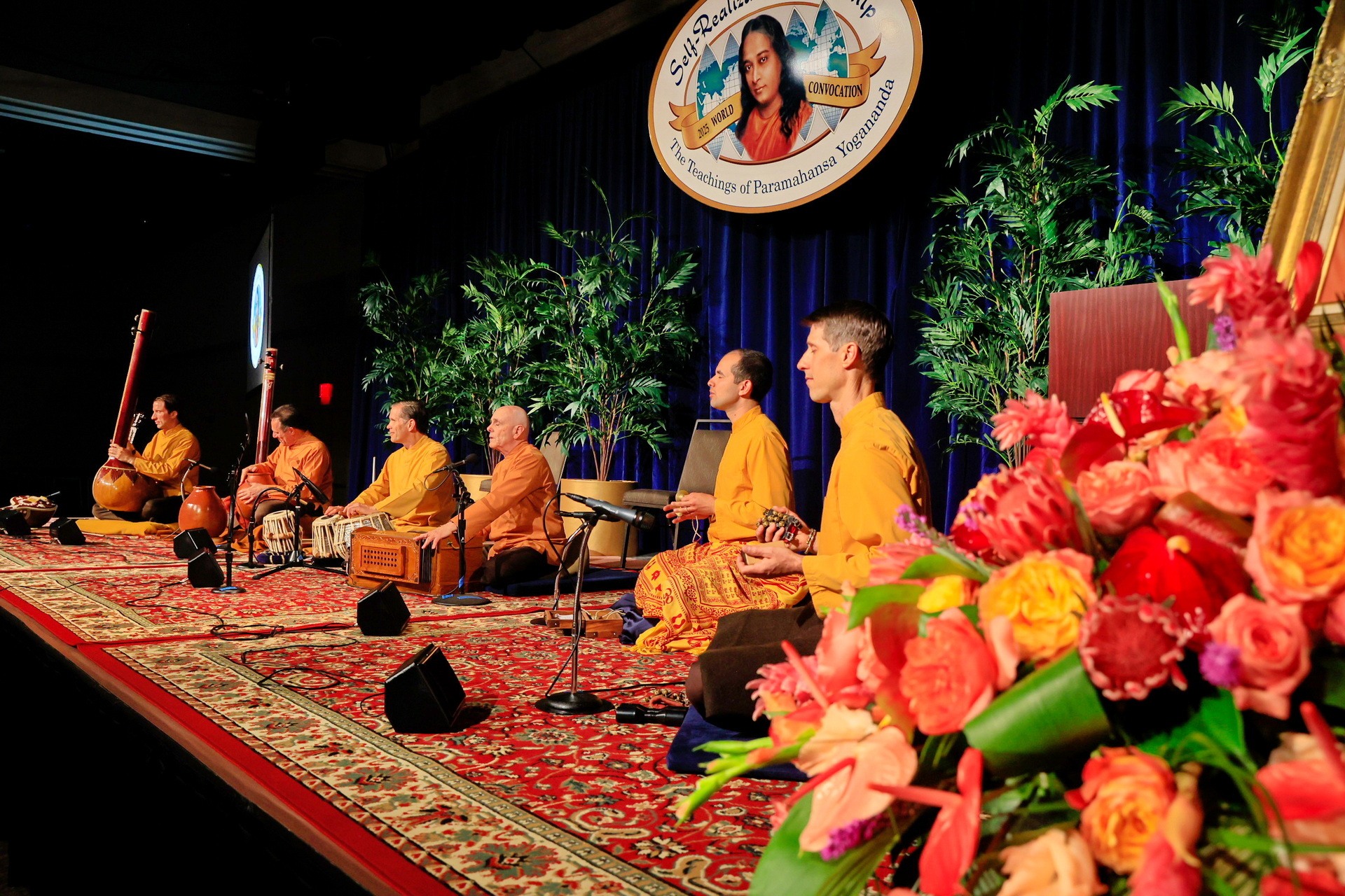 The monks' kirtan group leads a three hour meditation with devotional chanting.