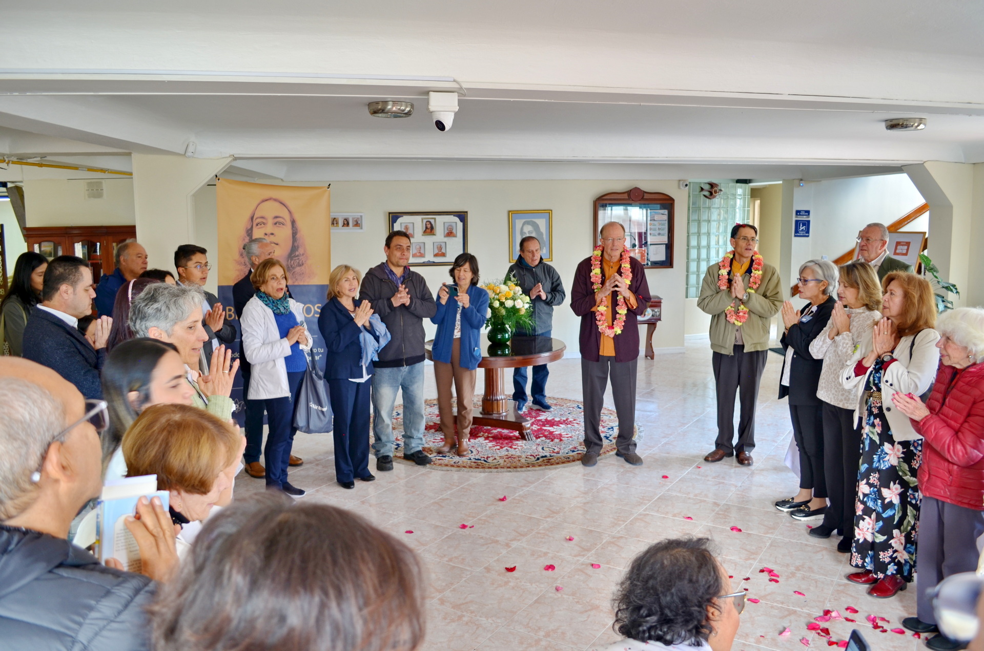 Brother Prafullananda and Brahmachari Leonardo next traveled to Bogotá, Colombia, here being greeted by members at the SRF Bogotá Center.