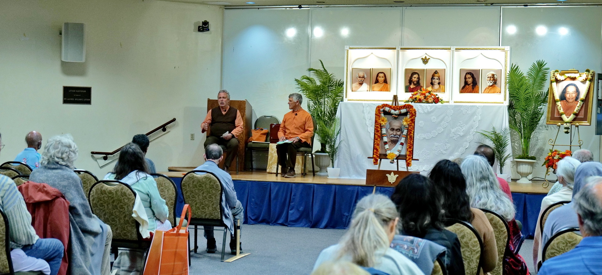 The monks give a satsanga on Paramahansa Yogananda's how-to-live teachings.