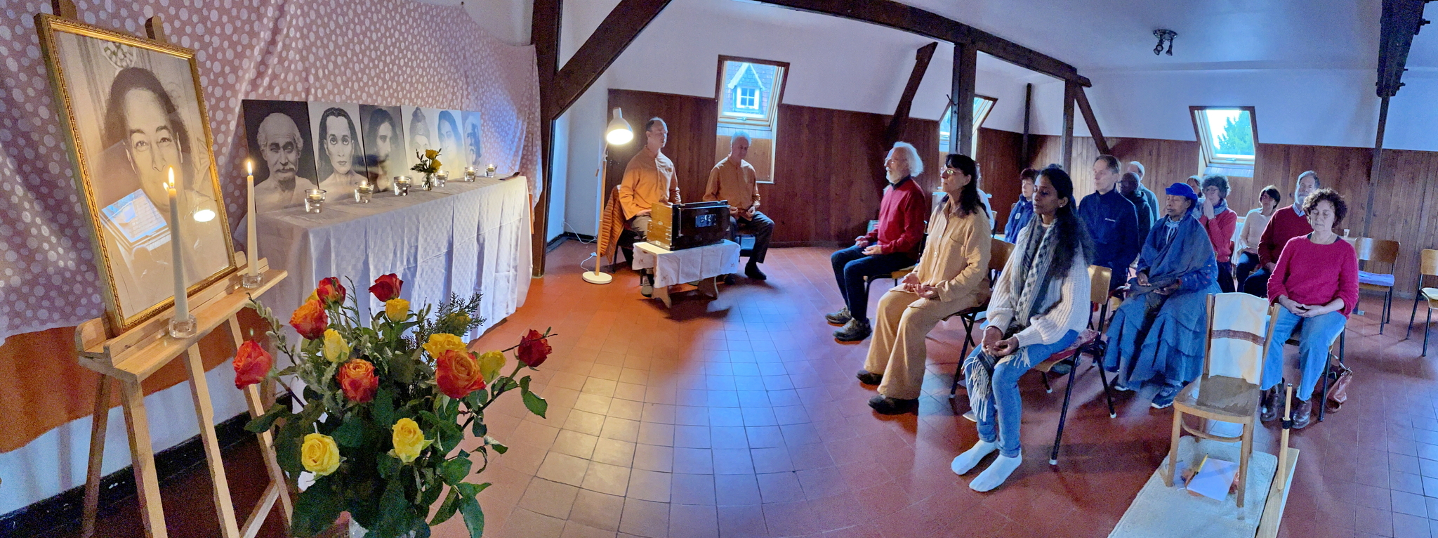 Brother Bhimananda conducts a group meditation in Brussels.