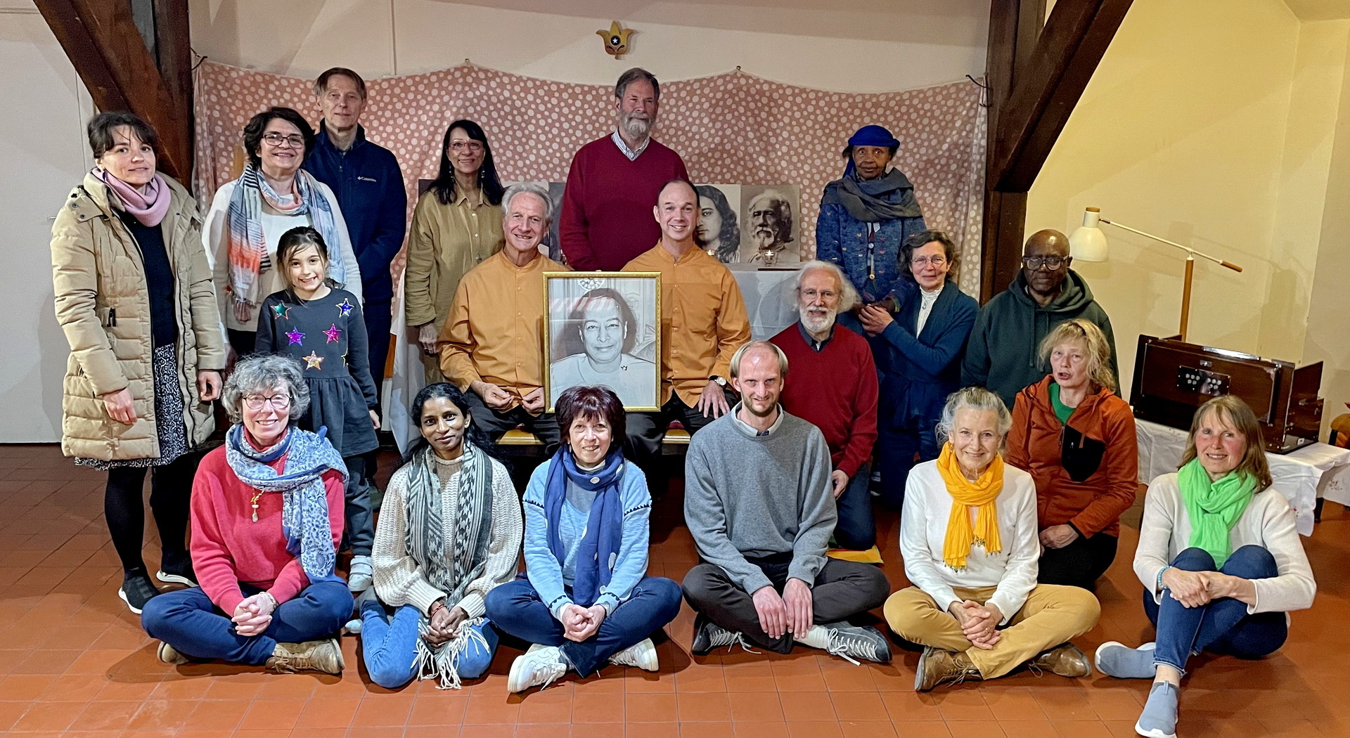 The monks then traveled to Europe, and are shown here with SRF devotees in Brussels, Belgium.