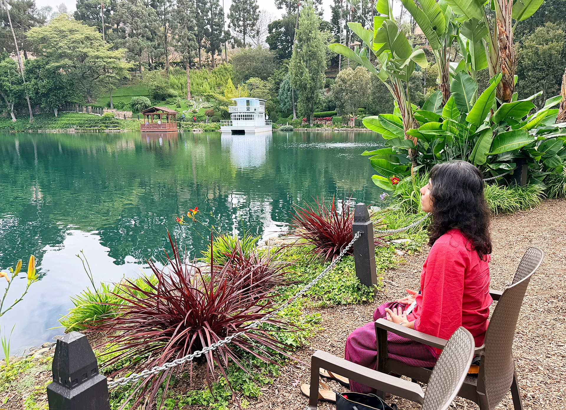 The peace and tranquility of Lake Shrine grounds are conducive to meditation.