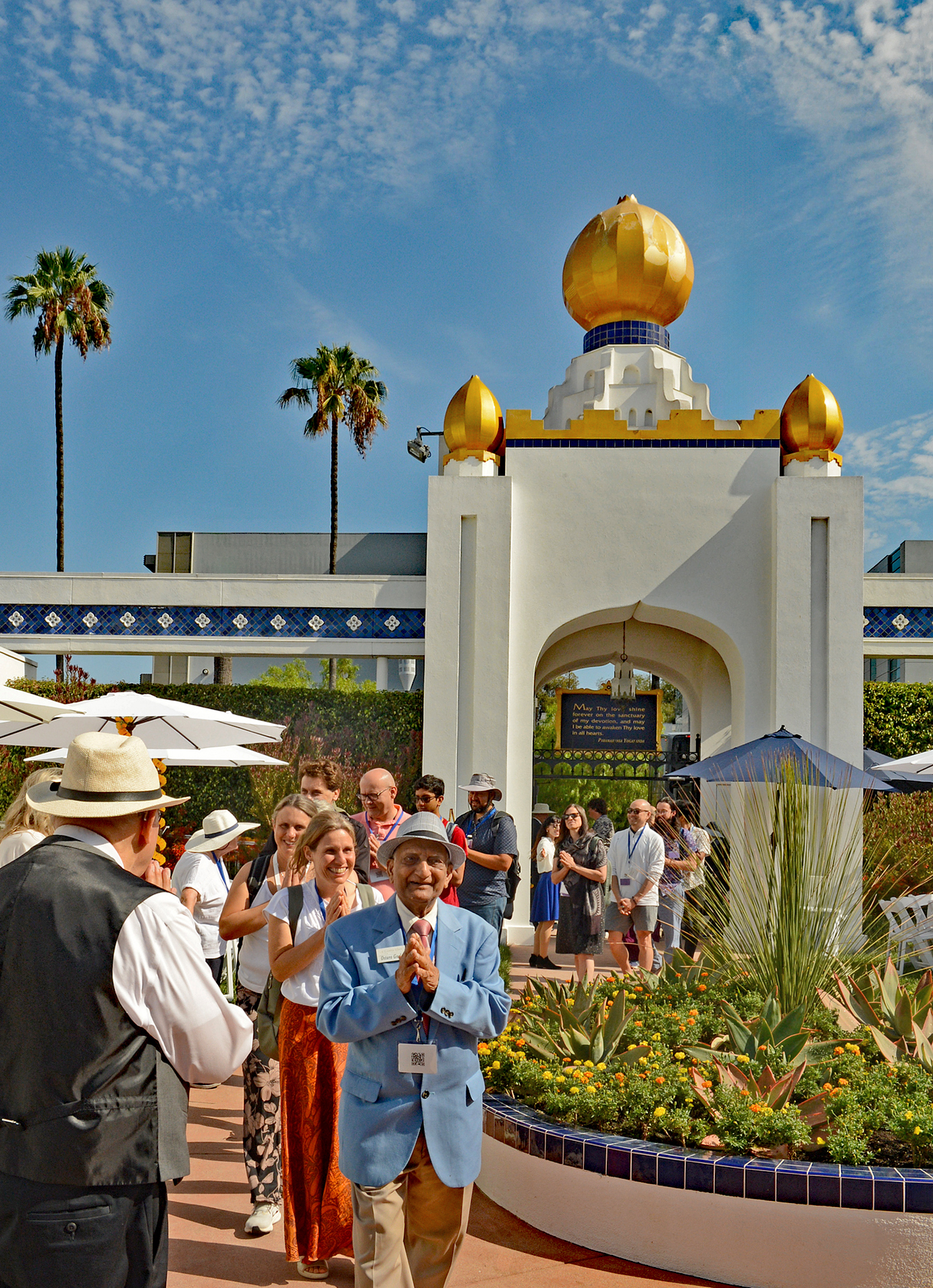 The Golden Lotus Tower entrance, dedicated by Paramahansa Yogananda in 1942.