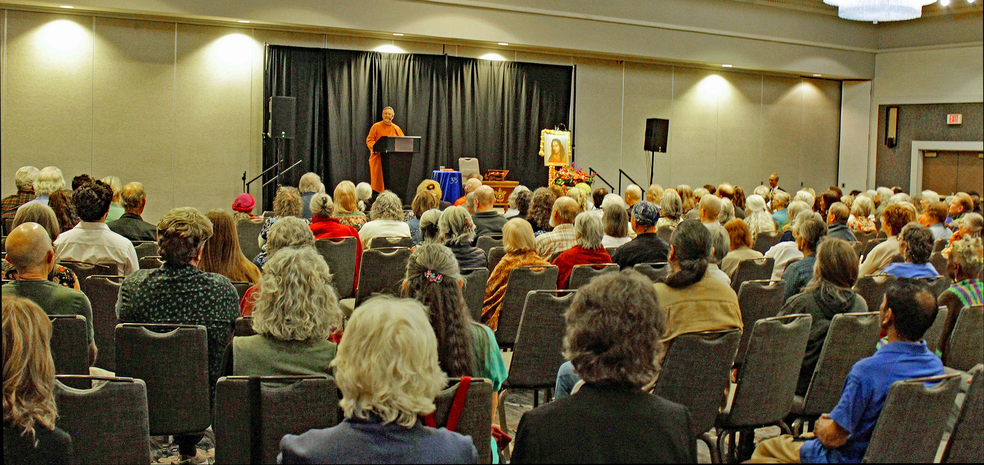 The monks concluded their tour with a weekend program in Albuquerque. In a public lecture, Brother Saralananda speaks on the effectiveness of Paramahansa Yogananda's yoga teachings.