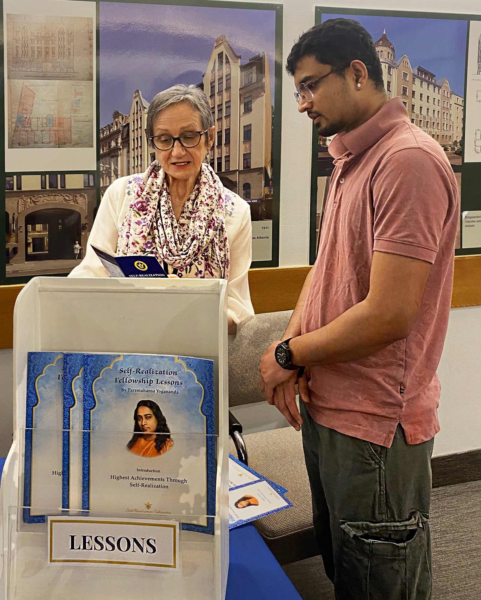 After the lecture there was much interest in the SRF Lessons, which teach Paramahansa Yogananda's meditation techniques...