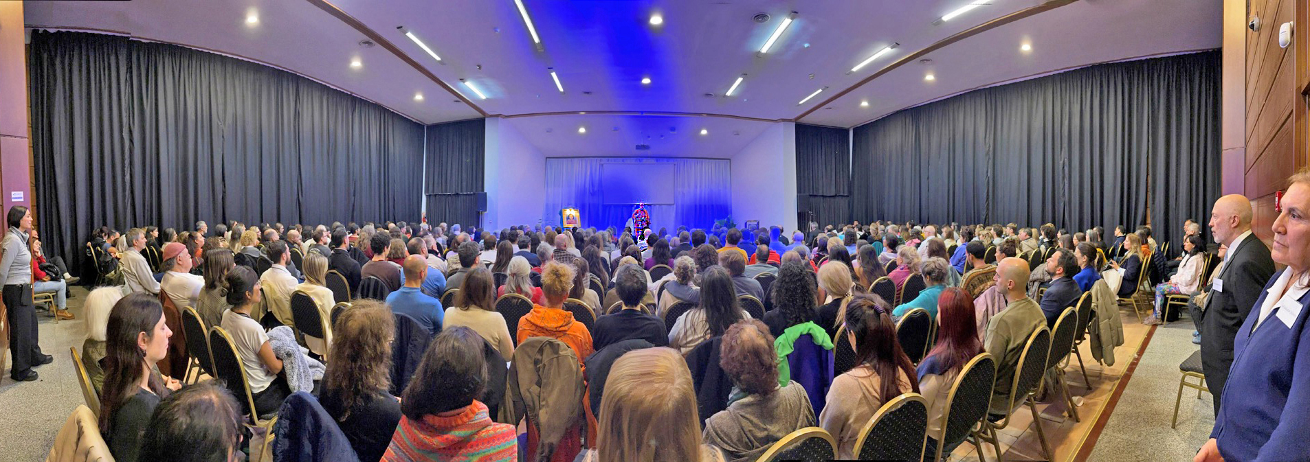 In May, Brother Prafullananda and Brother Dhruvananda visited SRF members in South and Central America, beginning their tour in Cordoba, Argentina. Here Brother Prafullananda speaks to a full audience during a public lecture.