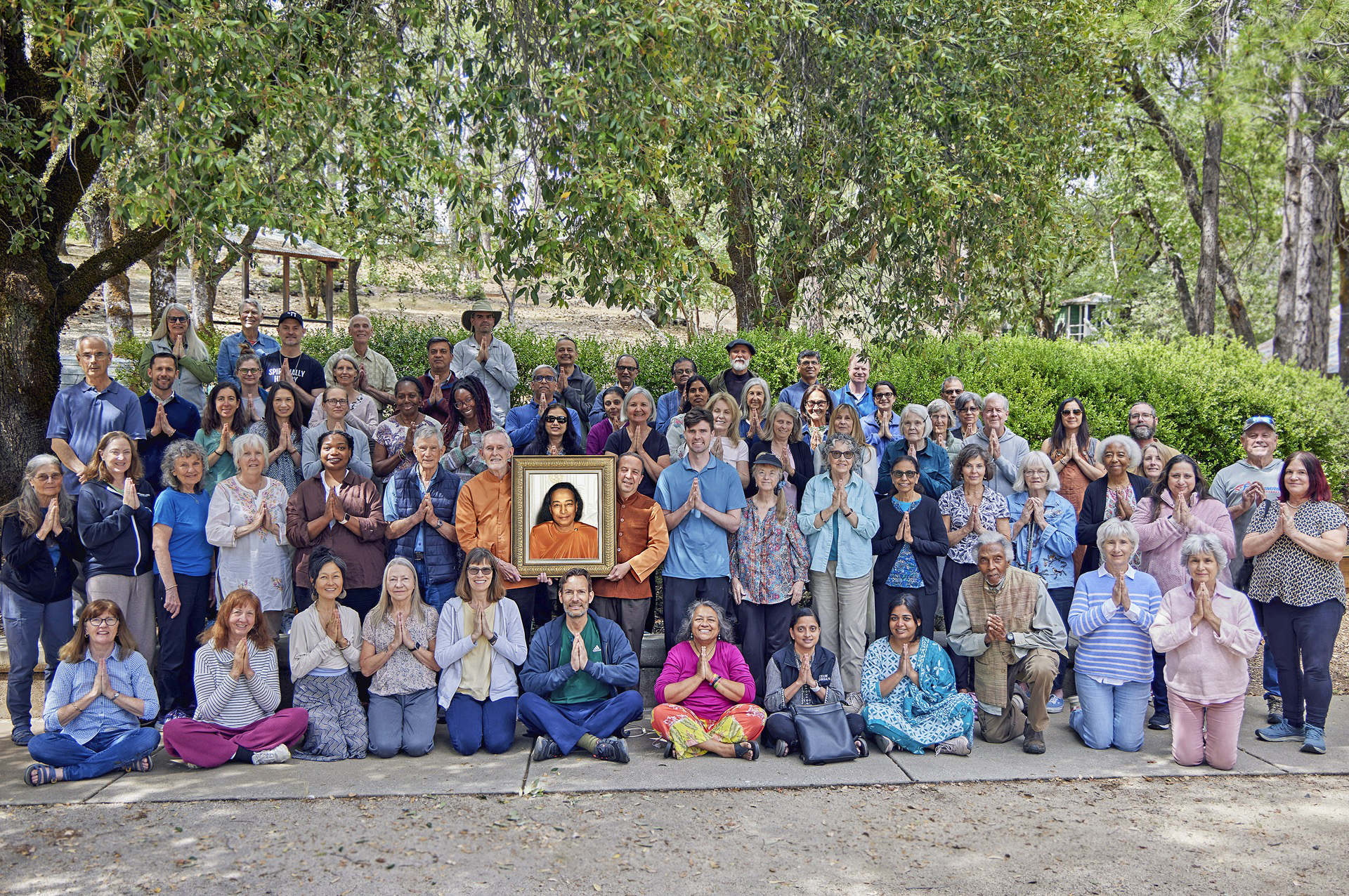 Brother Naradananda and Brother Sakhyananda with attendees of a regional weekend retreat sponsored by the SRF Sacramento Center in May.