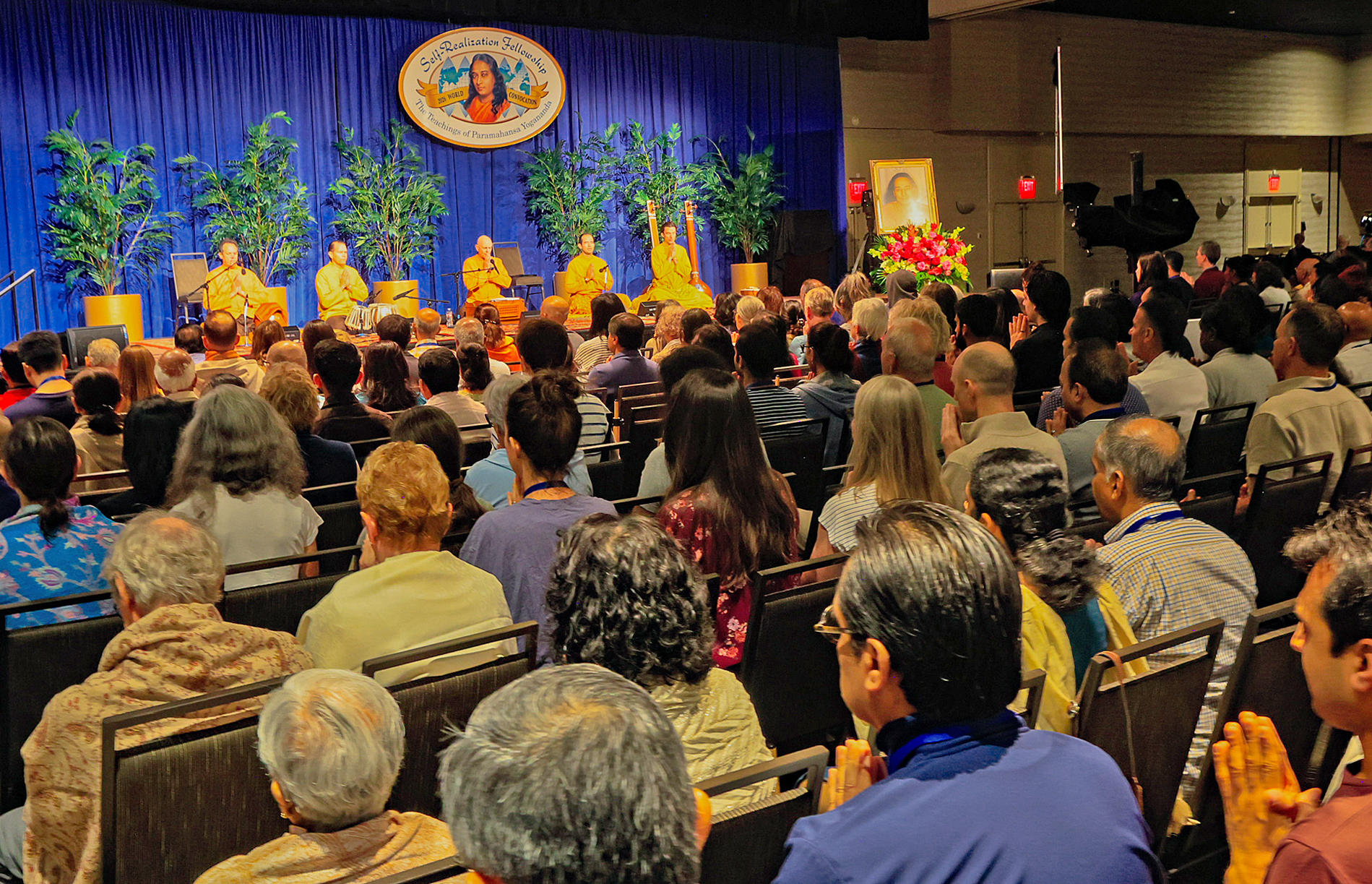 The monks' kirtan group leads a three hour meditation with devotional chanting.