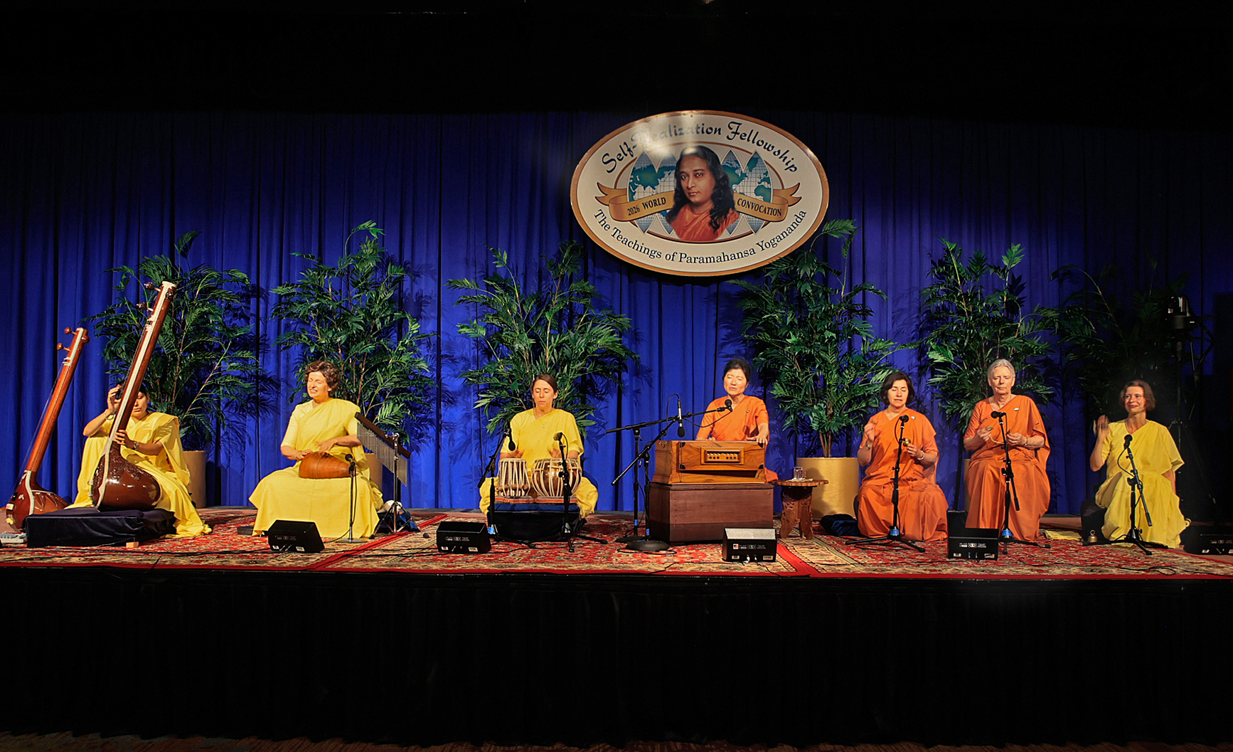 The SRF nuns' kirtan group leads devotional chanting.