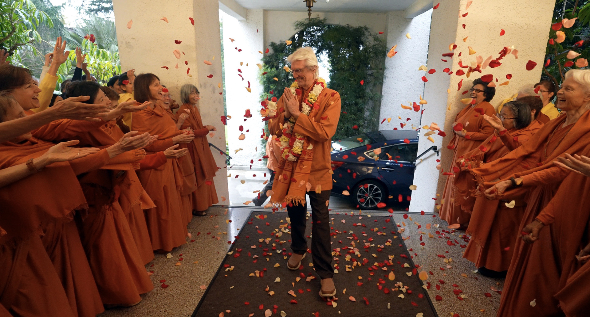 Arriving on March 6, Brother Chidananda is welcomed back to the SRF International Headquarters (the Mother Center) by SRF nuns and monks.