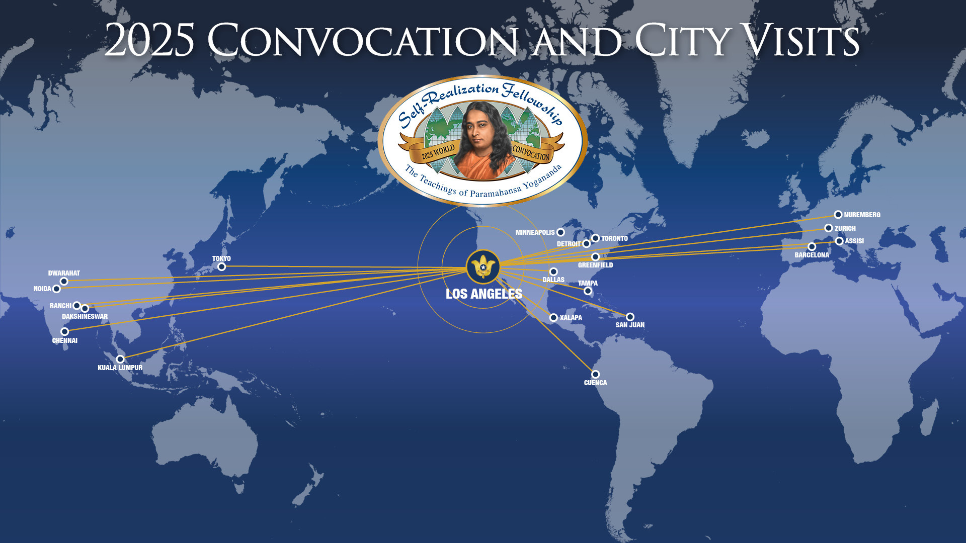 A map showing the locations around the world where SRF and YSS monastics led 2025 Convocation activities.