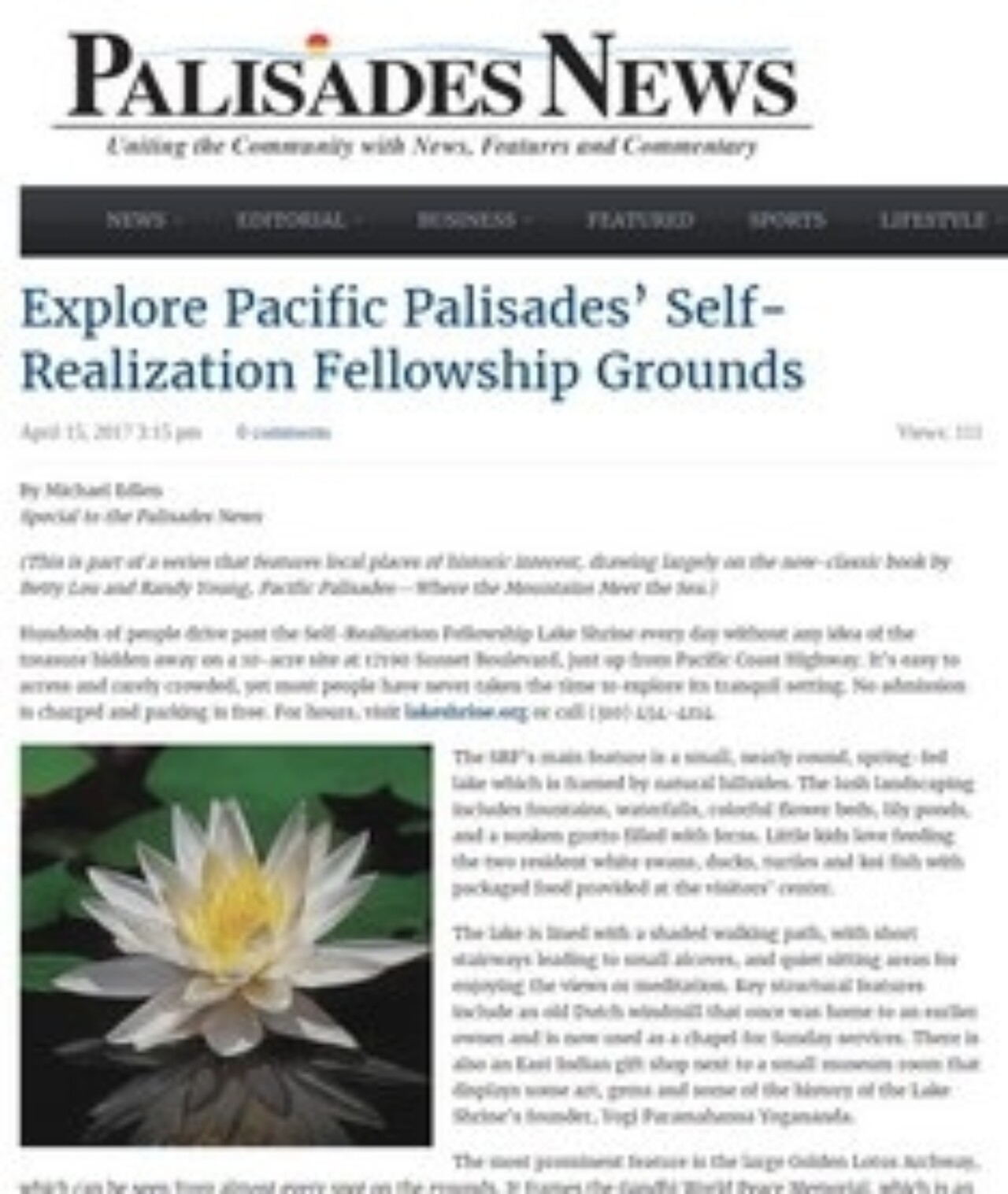 Palisades News features the SRF Lake Shrine