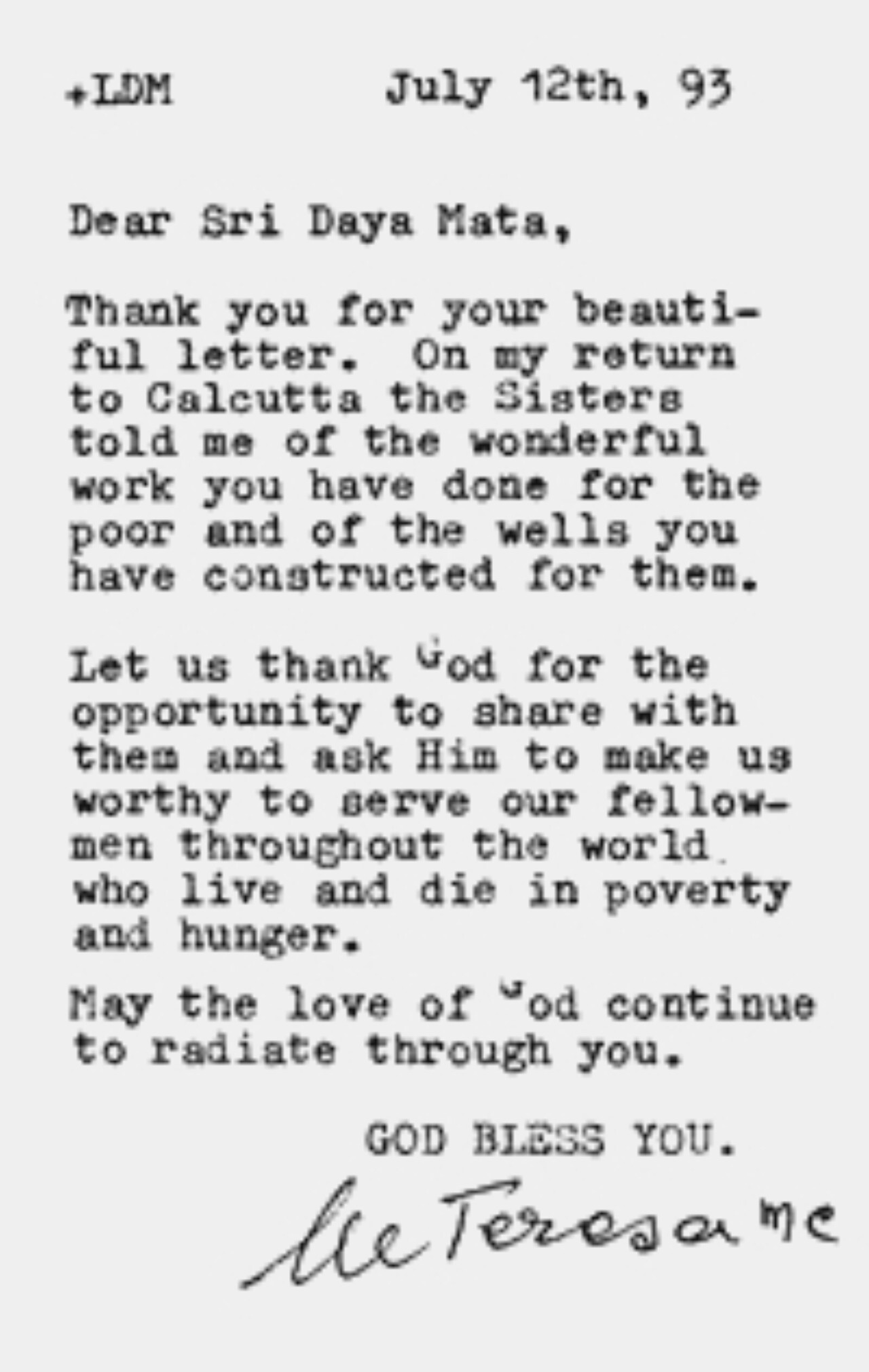 Charitable Activities Mother Teresa Letter